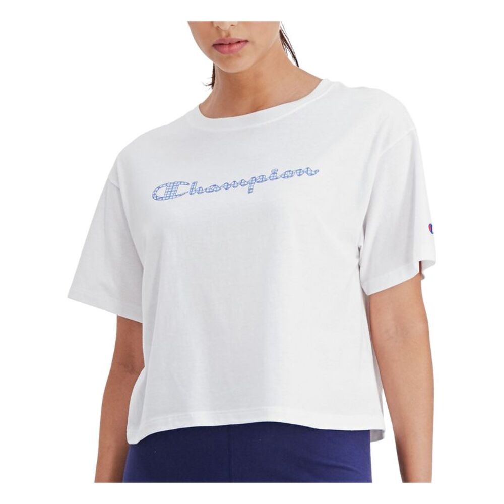 NWT CHAMPION Womens White Loose Fit Logo Short Sleeve Crew Neck Crop Top L